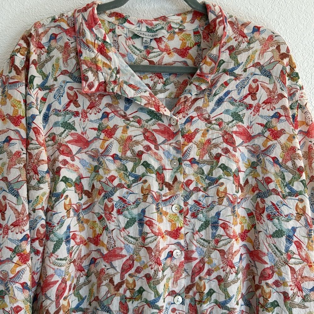 John Mark Multicolor Bird Print Button-Up Blouse - White Base - Picture 3 of 12